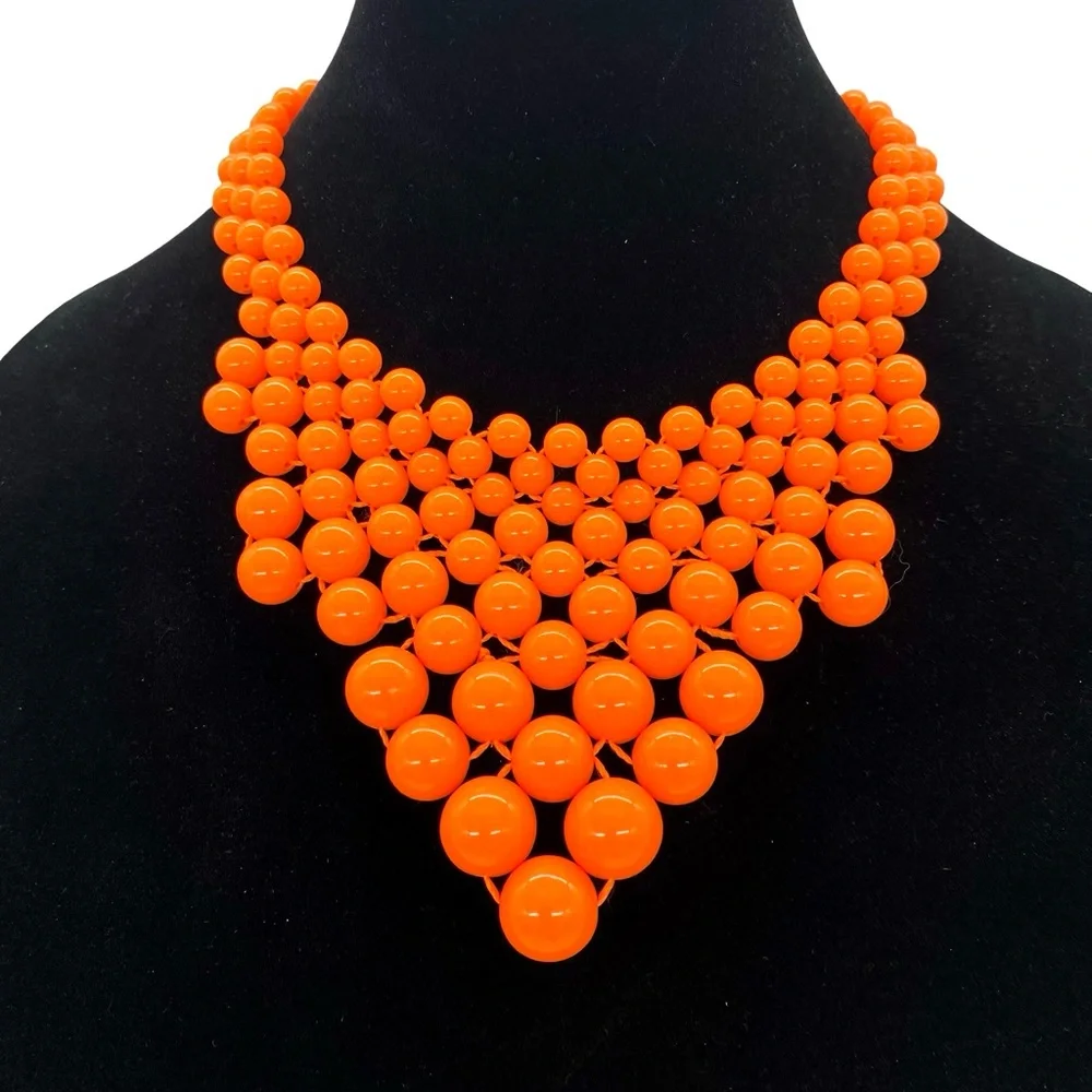 Amrita Singh Orange Beaded Bib Statement Necklace Retro Mod